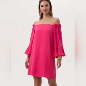TRINA TURK Knox Off  Shoulder Crepe Dress 3/4 Bell Sleeve Fuchsia Pink, S-Med